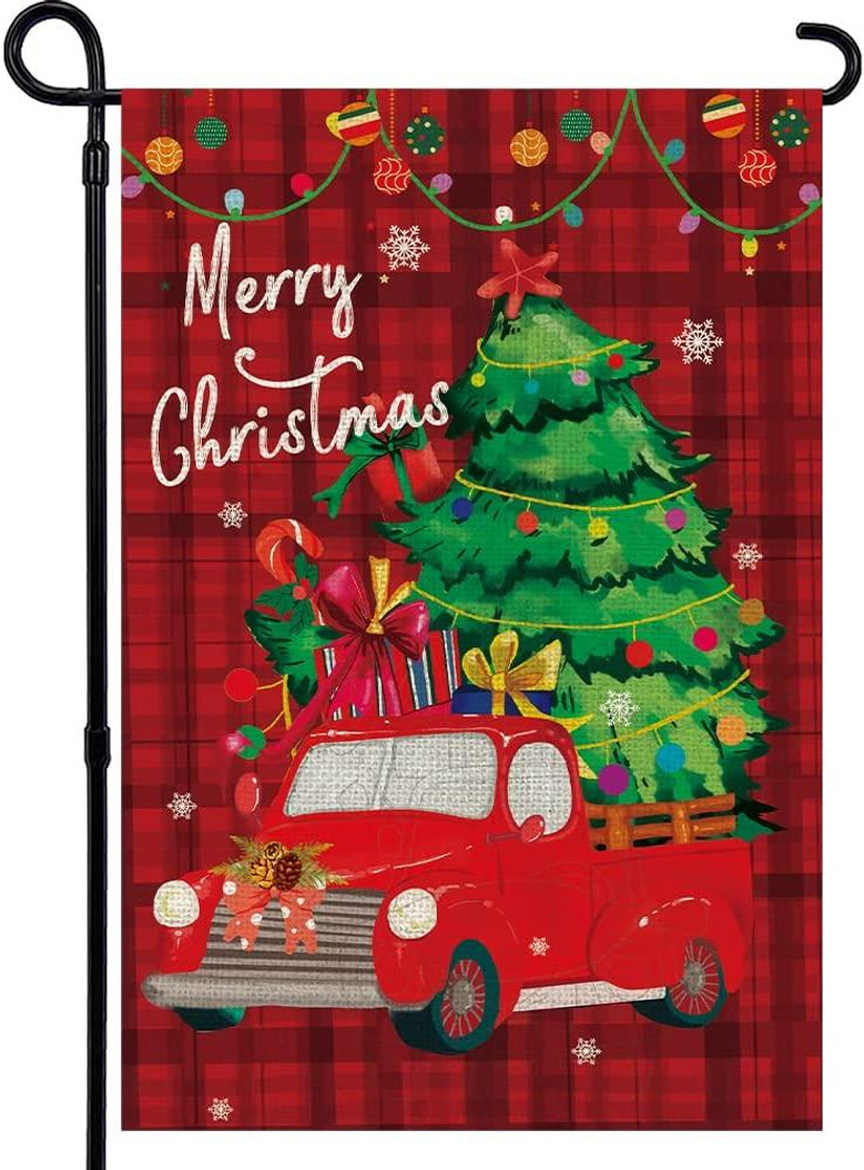 Christmas Garden Flag Inches Double Sided Winter Holiday Merry Christmas Flag Yard Small Burlap Buffalo Plaid Christmas Decorations Red Truck Seasonal Outdoor Xmas Tree Rustic Farmhouse Banner