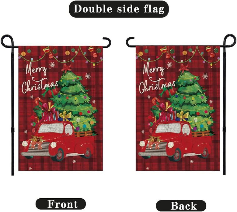 Christmas Garden Flag Inches Double Sided Winter Holiday Merry Christmas Flag Yard Small Burlap Buffalo Plaid Christmas Decorations Red Truck Seasonal Outdoor Xmas Tree Rustic Farmhouse Banner