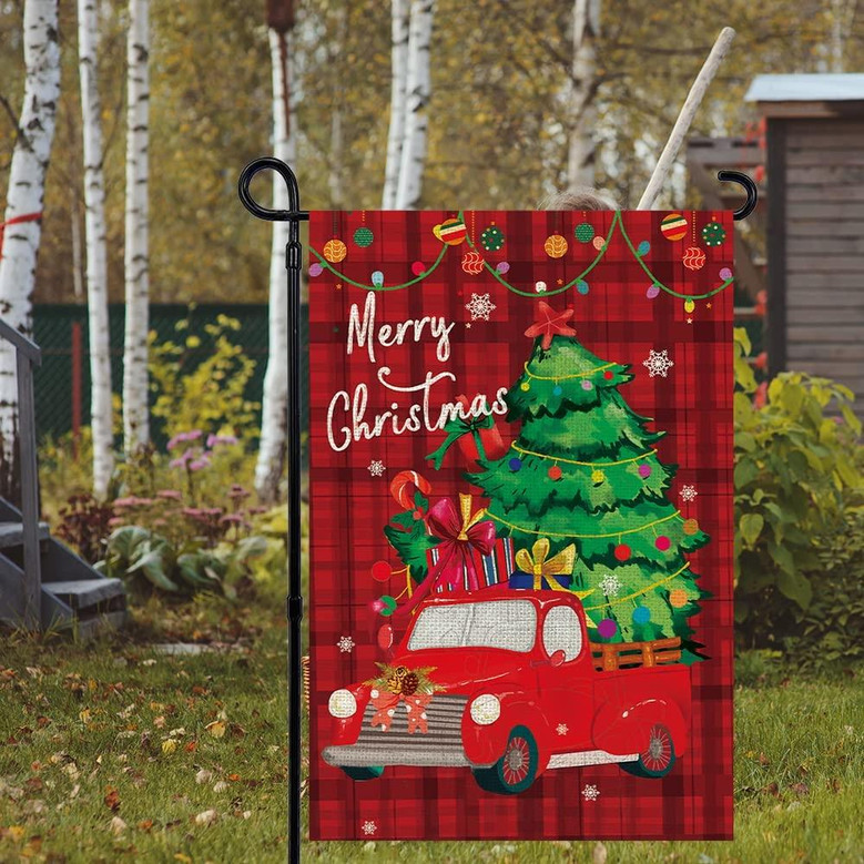 Christmas Garden Flag Inches Double Sided Winter Holiday Merry Christmas Flag Yard Small Burlap Buffalo Plaid Christmas Decorations Red Truck Seasonal Outdoor Xmas Tree Rustic Farmhouse Banner