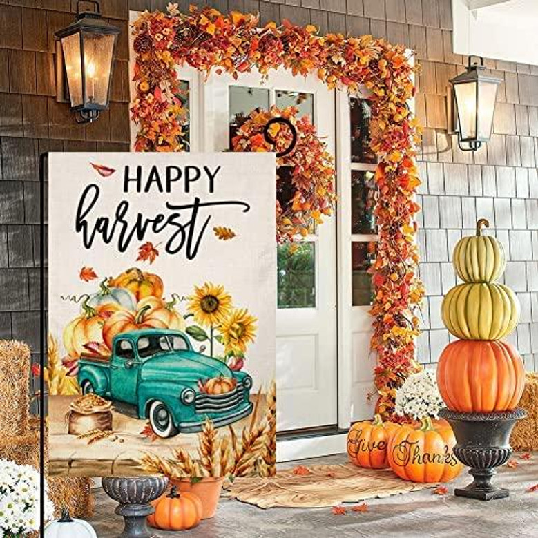 Fall Harvest Garden Flag 12x18 Vertical Double Sided Farm Pumpkin Sunflower Truck Autumn Thanksgiving Outside Decorations