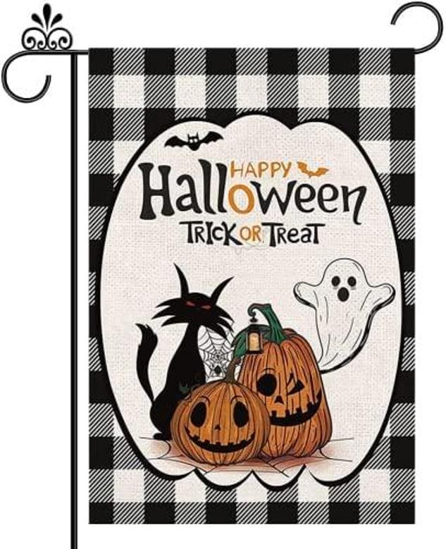 Halloween Garden Flag 12×18 Inch Vertical Trick Or Treat Happy Halloween Thanksgiving Pumpkin Ghost Black Cat Double Sided Burlap Flag For House Yard