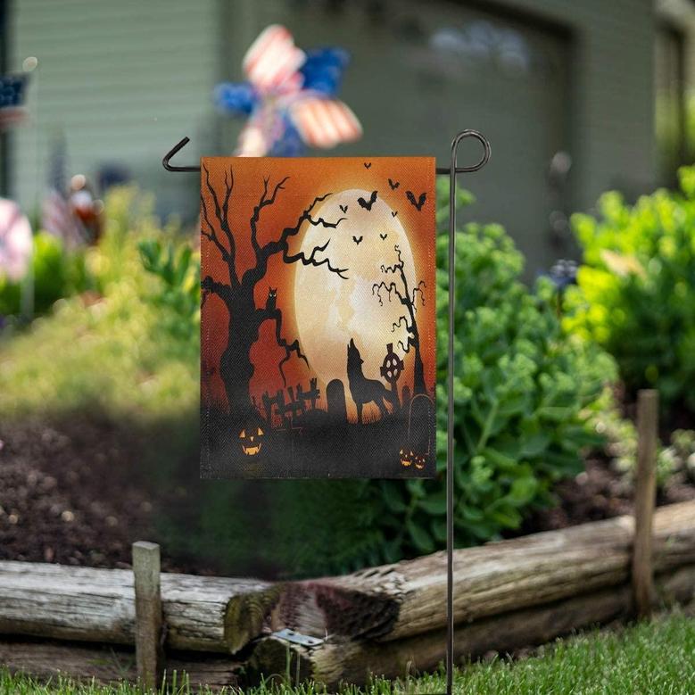 Halloween Night Wolf Pumpkins Owl Moon Burlap Garden Flag Double Sided, House Yard Flags, Holiday Seasonal Outdoor Decorative Flag 12x18 Gift