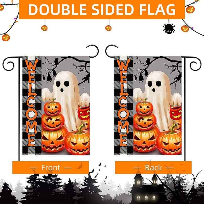 Halloween Welcome Garden Flag 12x18 Inch Double Sided Halloween Pumpkin Garden Flag White Ghost O Lantern Pumpkin Yard Flags Halloween Garden Decor For Outside