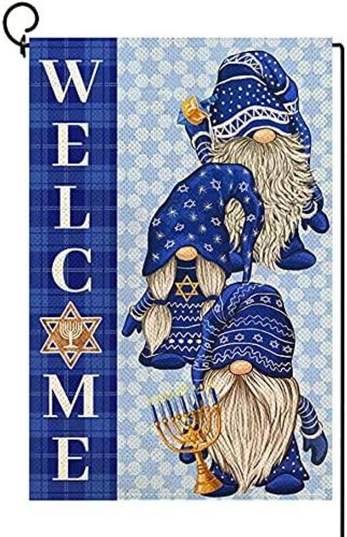 Hanukkah Welcome Gnomes Garden Flag Merry Chrismukkah Menorah Star Of David Winter Holiday Jewish Party Festival Yard Outdoor Outside Decoration