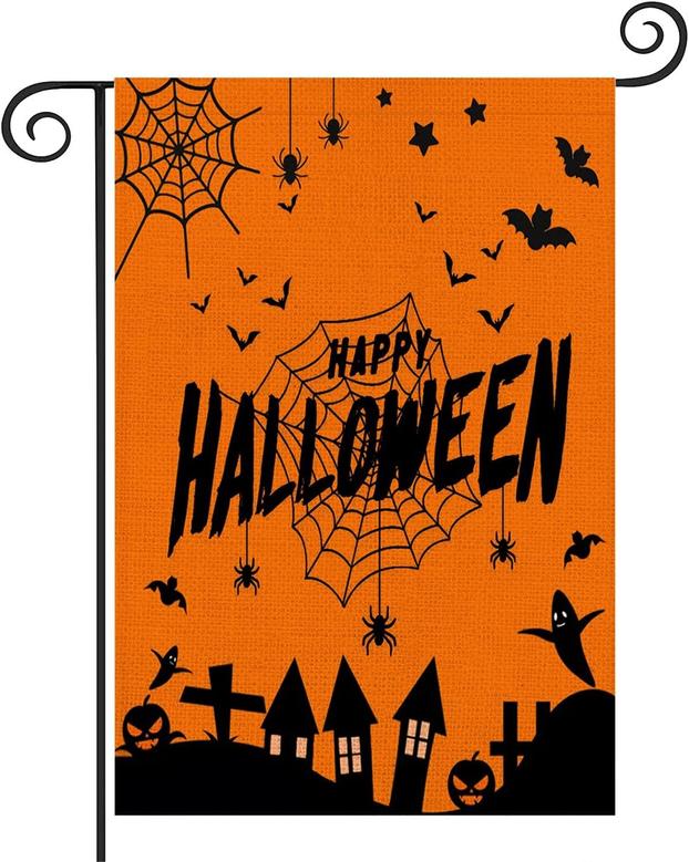 Happy Halloween Garden Flag Vertical Double Sided Autumn Welcome Small House Banner - Pumpkin Bat Spooky Spider Web Farmhouse Yard Lawn Outdoor Decorations