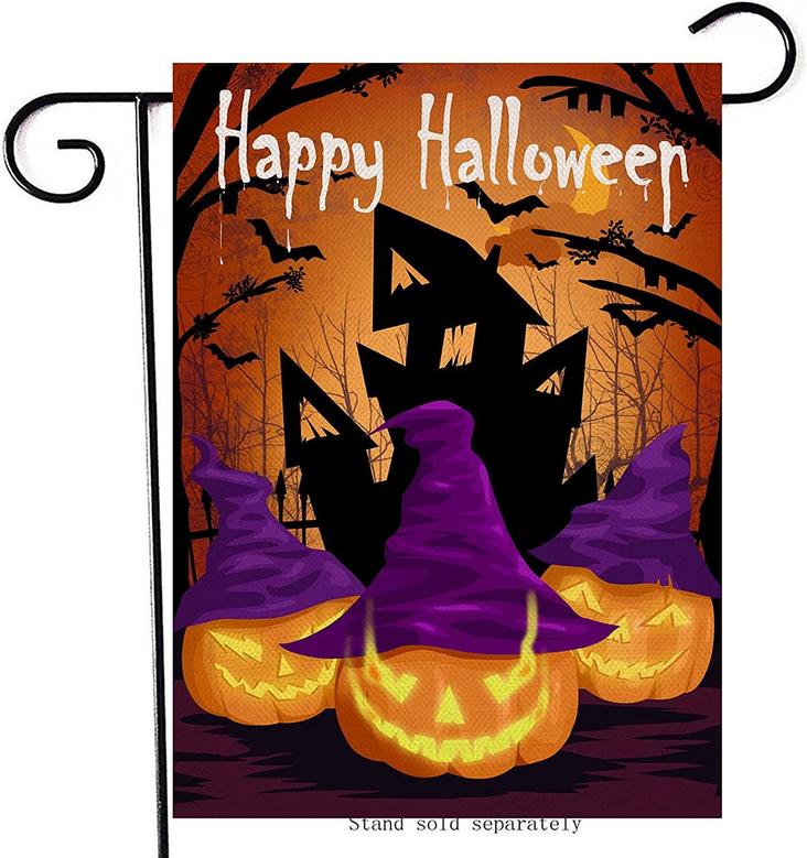 Happy Halloween Jack O Lantern Pumpkin Home Decorative Garden Flag, House Yard Purple Witch Hat Castle Bat Horror Outside Decor, Outdoor Small Burlap Decoration Double Sided 12 X 18
