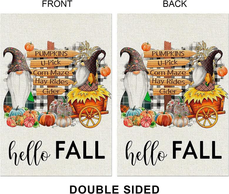 Hello Fall Gnomes Garden Flag Vertical Double Sided Thanksgiving Autumn Pumpkin Yard Outdoor Decor
