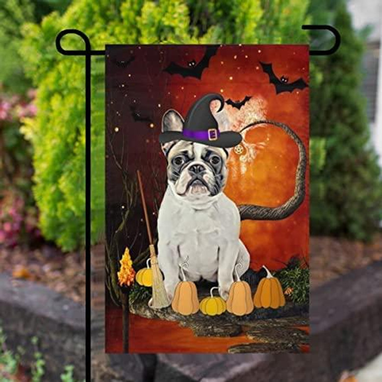 Halloween Garden Flag- White French Bulldog Dog Halloween Garden Flag, Dog Lovers, Dog With Pumpkins, Double Side Printed Garden Flag 12 X 18 Inch
