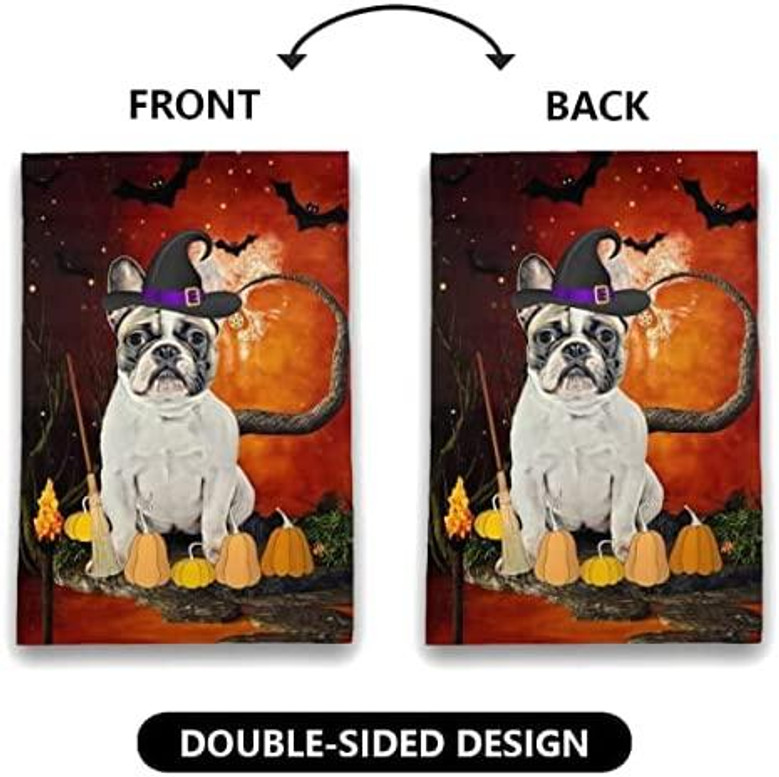 Halloween Garden Flag- White French Bulldog Dog Halloween Garden Flag, Dog Lovers, Dog With Pumpkins, Double Side Printed Garden Flag 12 X 18 Inch