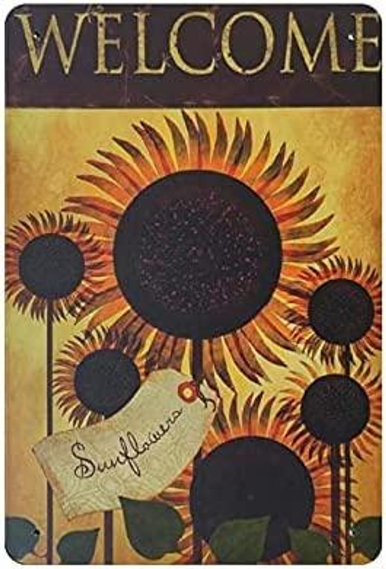 Metal Tin Sign Welcome Sunflower Vintage Tin Poster Metal Sign Wall Decoration Country Kitchen Home Garage Decor