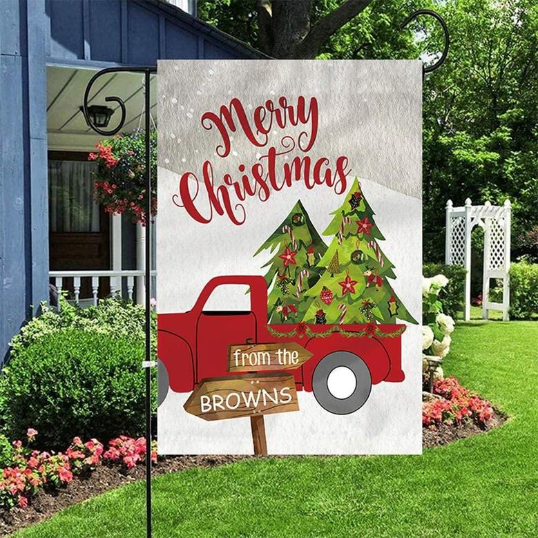2022 Custom Family Name Christmas Garden Flag, Personalized Double Sided Yard Flag With Truck/christmas Tree/garden Gnomes Xmas Decorations Outdoor Flags For Holidays