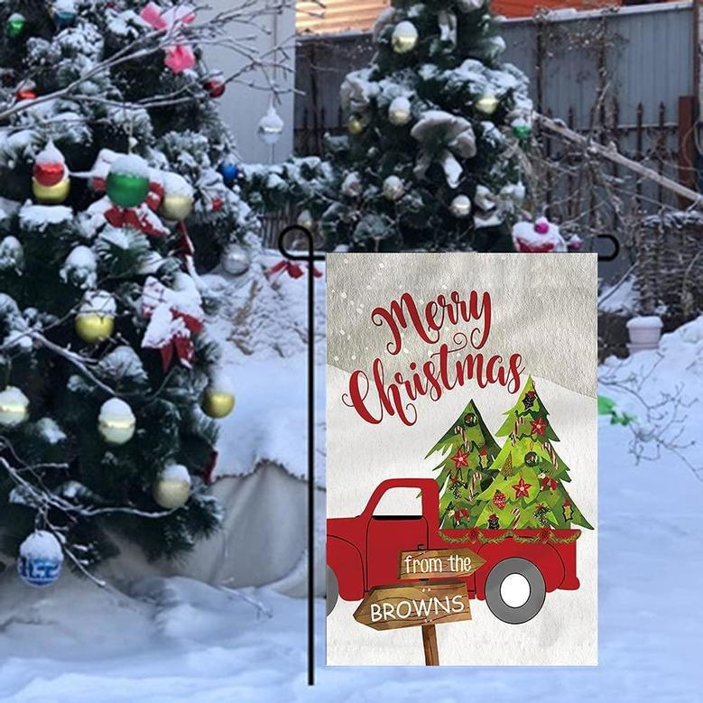 2022 Custom Family Name Christmas Garden Flag, Personalized Double Sided Yard Flag With Truck/christmas Tree/garden Gnomes Xmas Decorations Outdoor Flags For Holidays