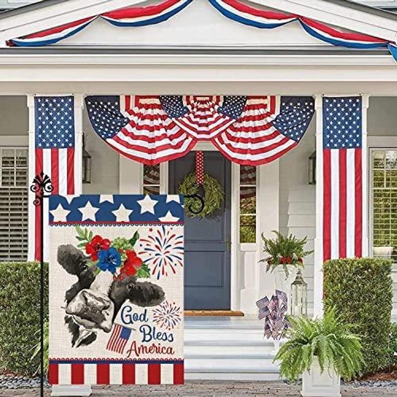 4th Of July Garden Flag Patriotic Flags Memorial Day God Bless America Cow Double Sided Fourth Of July Outdoor Yard Decor Independence Day Decoration