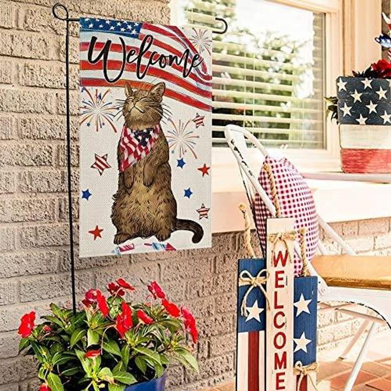 4th Of July Independence Day Cat Garden Flag 12x18 Inch Vertical Double Sided, Welcome Patriotic Usa Flag Yard Outdoor Decor