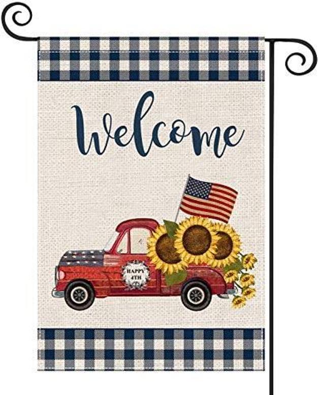4th Of July Patriotic Garden Flags For Outside, 12×18 Double Sided Blue Buffalo Plaid, Red Truck With Sunflowers, Welcome Independence Day Farmhouse Decors, Summer Yard Flags For Outdoor