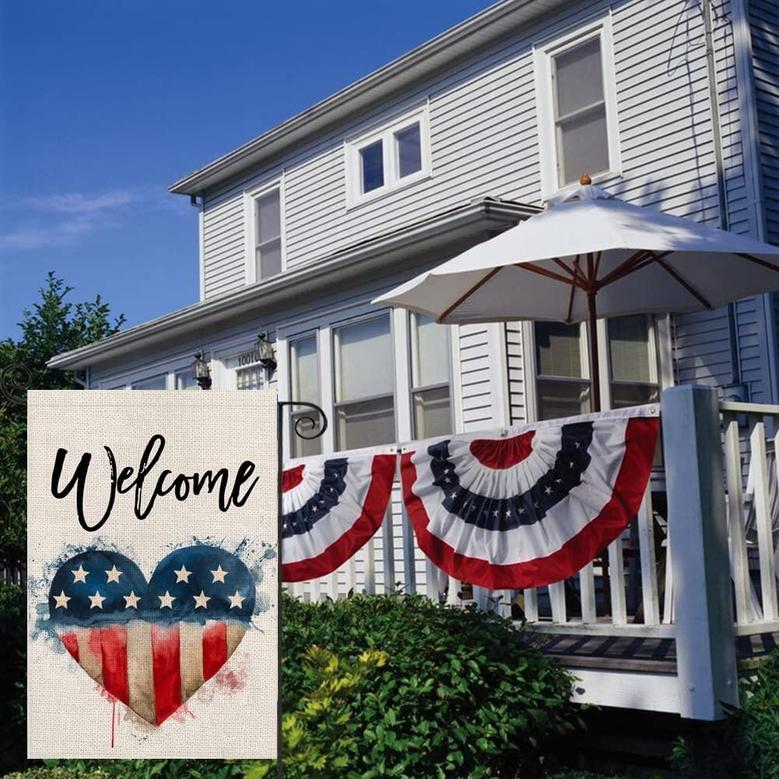 4th Of July Welcome Garden Flag 12x18 Double Sided, Watercolor Strip And Star American Flag Love Heart Small Patriotic Yard Flags For Independence Day, Memorial Day Decor For Summer Holiday Outside