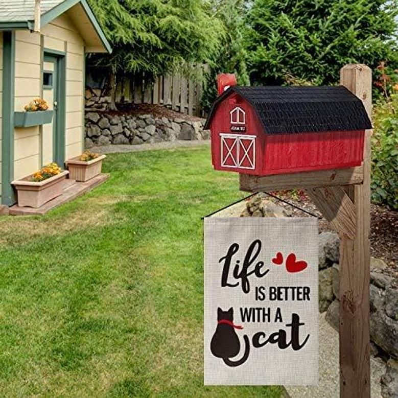 Cat Quote Garden Flag Vertical Double Sided Life Is Better With A Cat, Love Heart Pet Yard Outdoor Decoration Gift For Cat Mom Cat Dad