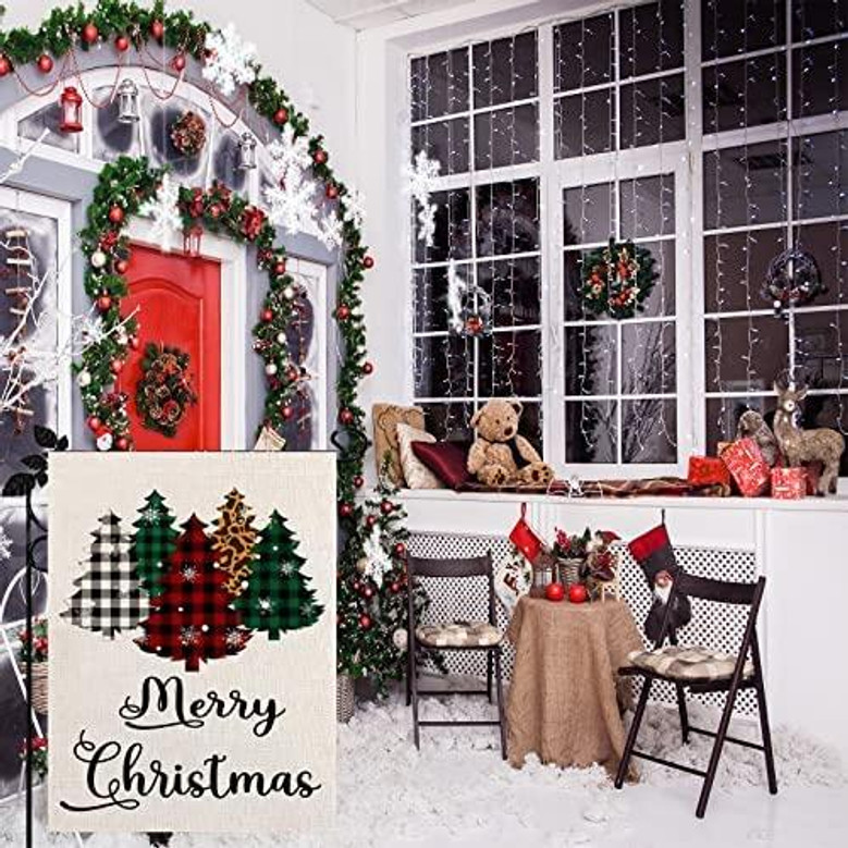 Christmas Garden Flag, Burlap Double-sided Xmas Garden Flag With Buffalo Plaid Christmas Tree, Holiday Xmas Garden Flag, Outdoor Garden Decoration Seasonal Home Decor Yard Flag