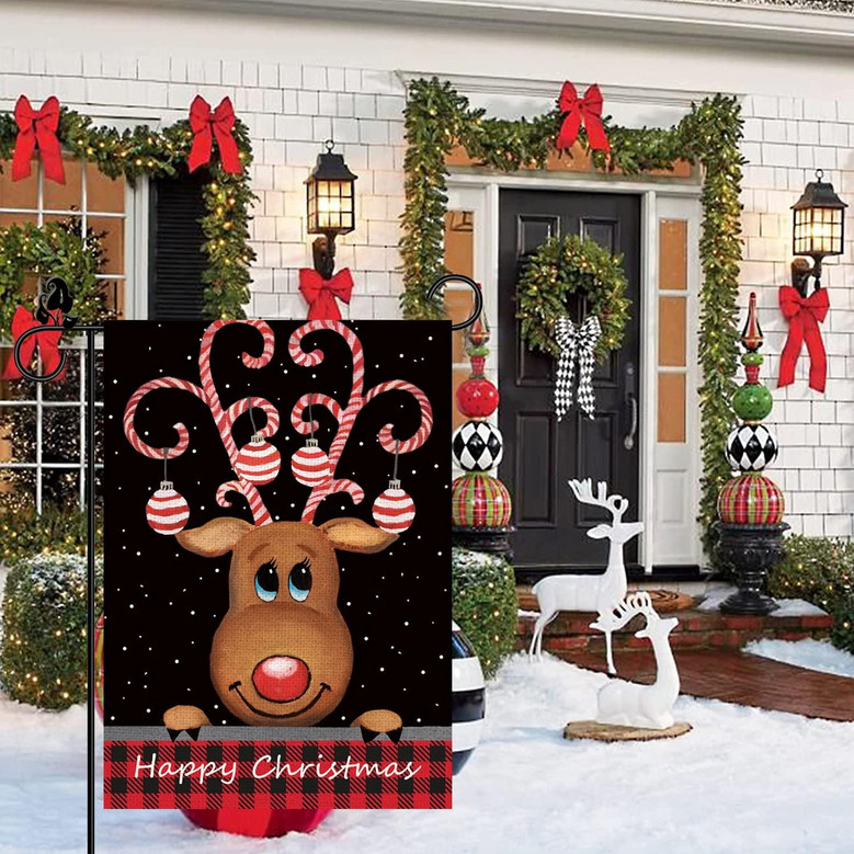 Christmas Garden Flag Reindeer Balls Winter Happy Christmas Buffalo Check Double Sided Vertical Burlap Cute Outdoor Decorative Seasonal Yard Decor