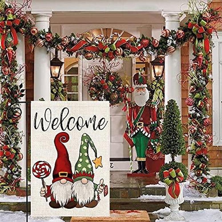 Christmas Winter Gnomes Welcome Garden Flag Double Sided Vertical 12×18 Inch Rustic Farmhouse Decor For Seasonal Holiday Yard
