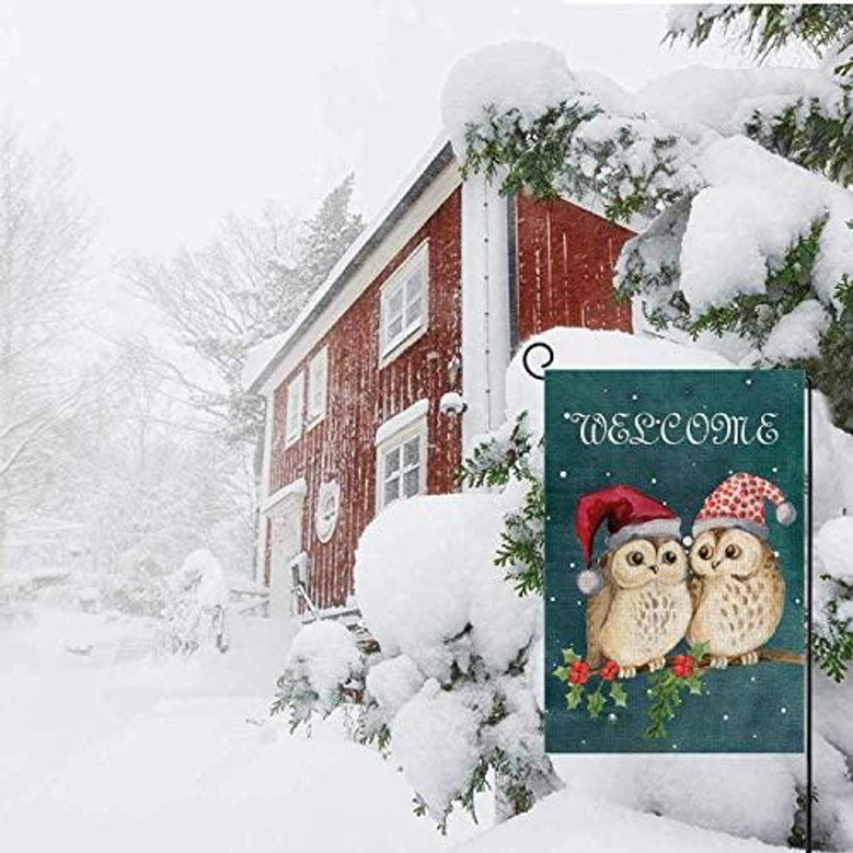 Cute Owl Christmas Garden Flag Vertical Double Sided Welcome Garden Flag, Christmas Winter Holiday Rustic Yard Outdoor Decoration