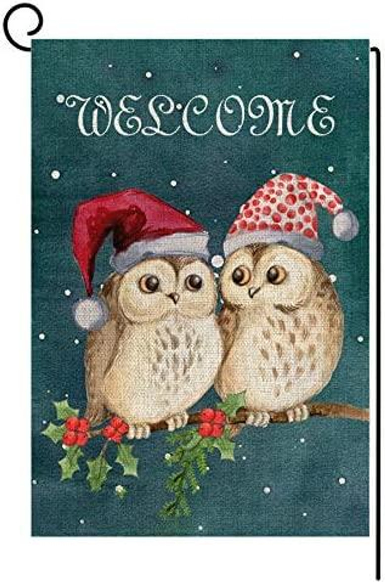 Cute Owl Christmas Garden Flag Vertical Double Sided Welcome Garden Flag, Christmas Winter Holiday Rustic Yard Outdoor Decoration