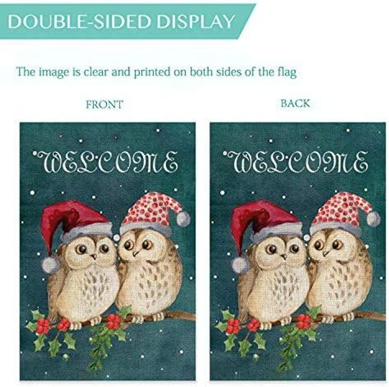 Cute Owl Christmas Garden Flag Vertical Double Sided Welcome Garden Flag, Christmas Winter Holiday Rustic Yard Outdoor Decoration