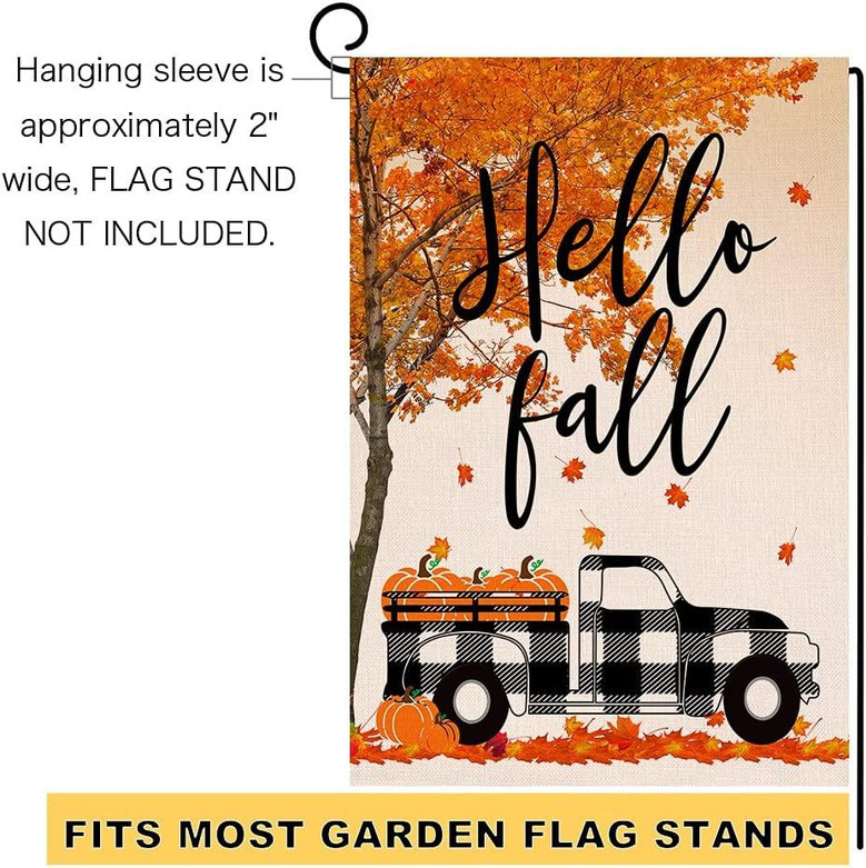 Fall Pumpkin Small Garden Flag 12x18 Inch Buffalo Truck Vertical Double Sided Thanksgiving Maple Leaves Burlap Yard Outdoor Decor