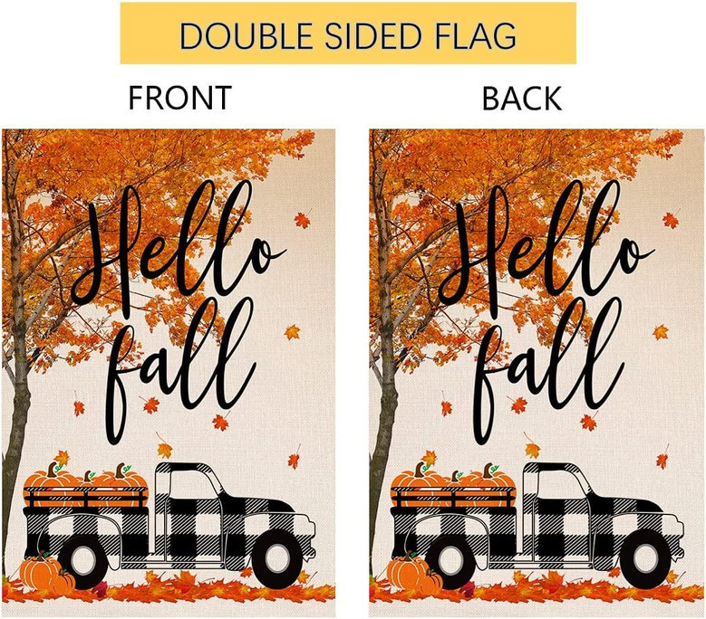 Fall Pumpkin Small Garden Flag 12x18 Inch Buffalo Truck Vertical Double Sided Thanksgiving Maple Leaves Burlap Yard Outdoor Decor