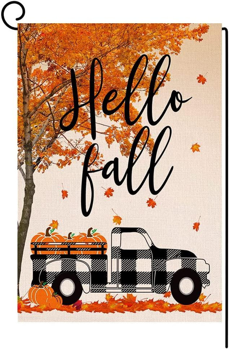 Fall Pumpkin Small Garden Flag 12x18 Inch Buffalo Truck Vertical Double Sided Thanksgiving Maple Leaves Burlap Yard Outdoor Decor
