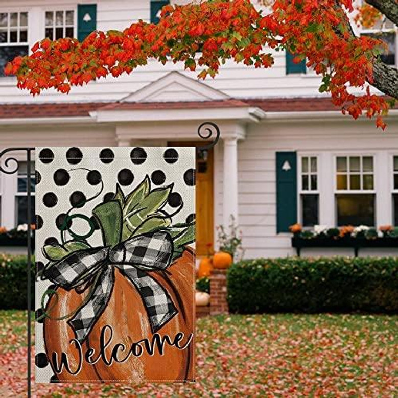 Fall Pumpkin Welcome Garden Flag Vertical Double Sided, Polka Dot Buffalo Check Plaid Farmhouse Autumn Thanksgiving Flag Holiday Yard Outdoor Decoration