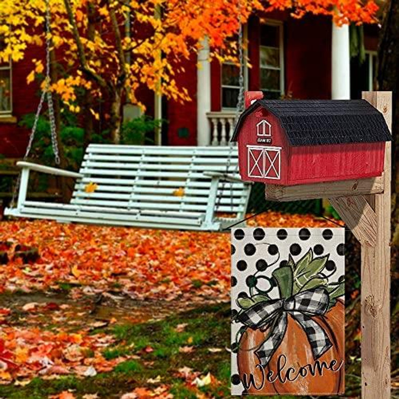 Fall Pumpkin Welcome Garden Flag Vertical Double Sided, Polka Dot Buffalo Check Plaid Farmhouse Autumn Thanksgiving Flag Holiday Yard Outdoor Decoration
