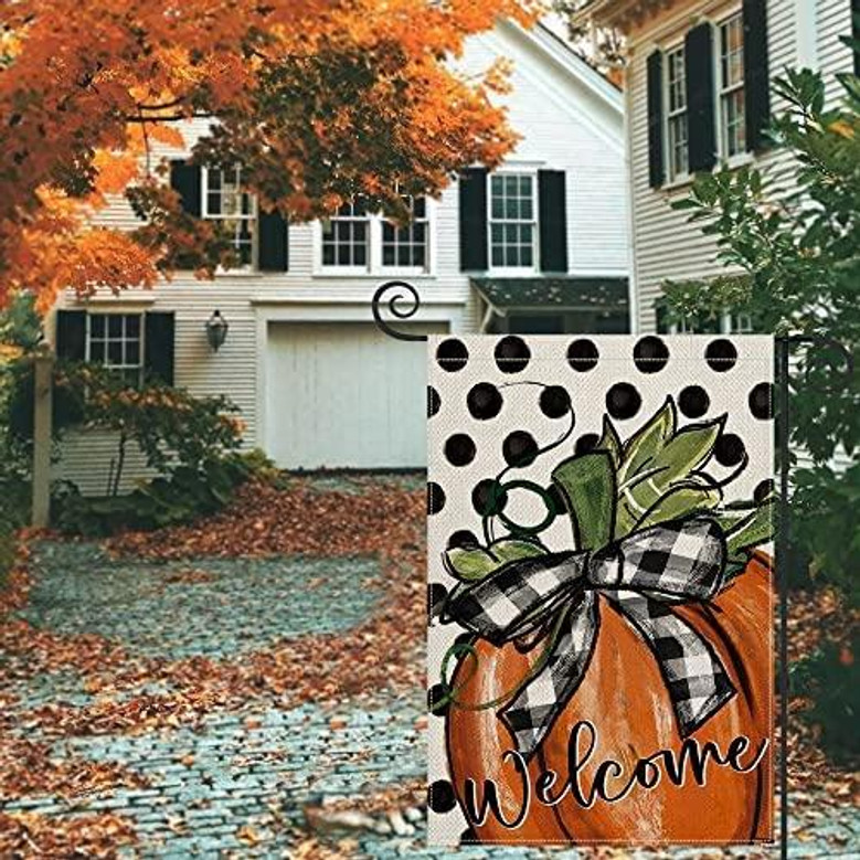 Fall Pumpkin Welcome Garden Flag Vertical Double Sided, Polka Dot Buffalo Check Plaid Farmhouse Autumn Thanksgiving Flag Holiday Yard Outdoor Decoration