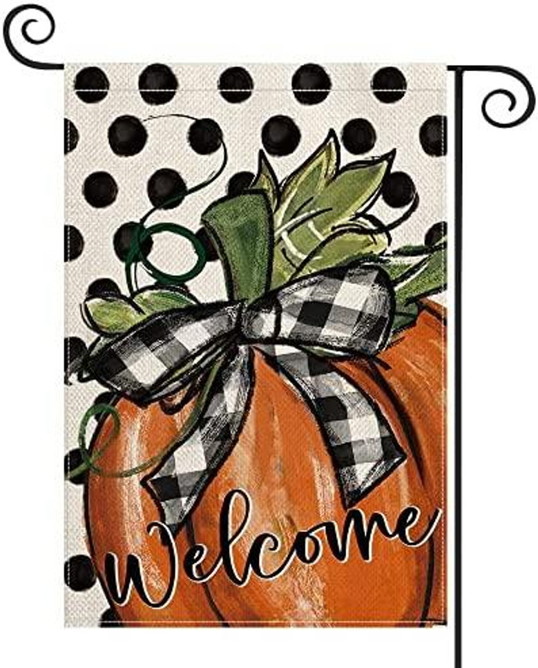 Fall Pumpkin Welcome Garden Flag Vertical Double Sided, Polka Dot Buffalo Check Plaid Farmhouse Autumn Thanksgiving Flag Holiday Yard Outdoor Decoration