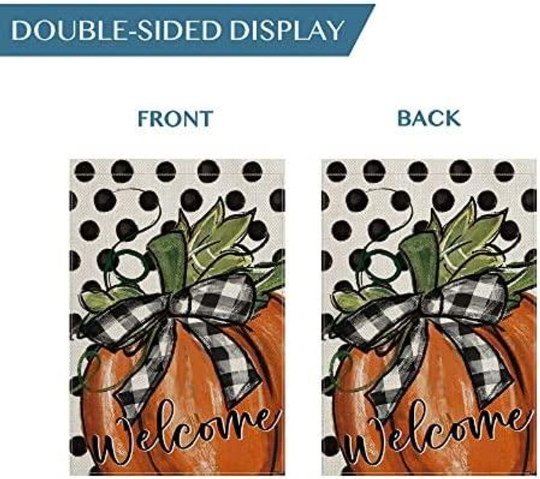 Fall Pumpkin Welcome Garden Flag Vertical Double Sided, Polka Dot Buffalo Check Plaid Farmhouse Autumn Thanksgiving Flag Holiday Yard Outdoor Decoration