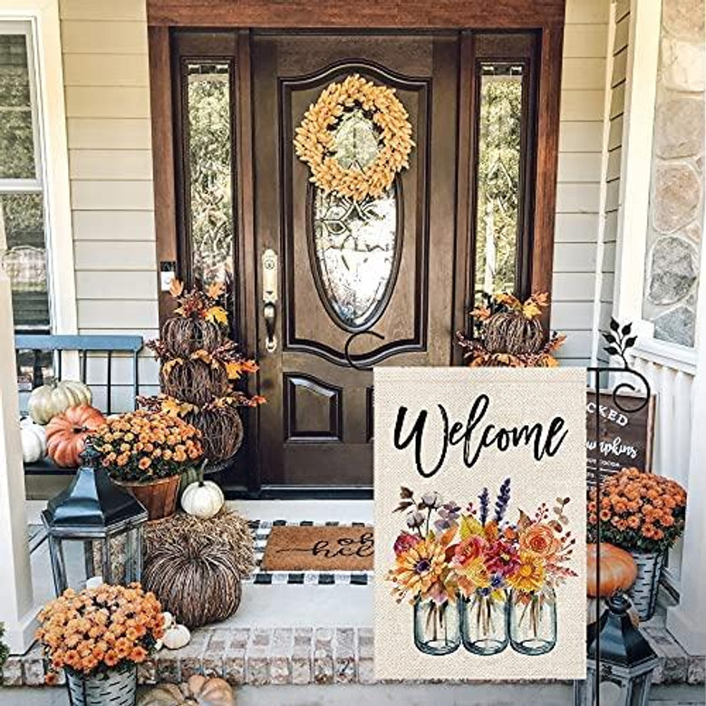 Fall Welcome Garden Flag Floral Mason Jar 12×18 Inch Double Sided Vertical Rustic Farmhouse Yard Seasonal Holiday Outdoor Decor