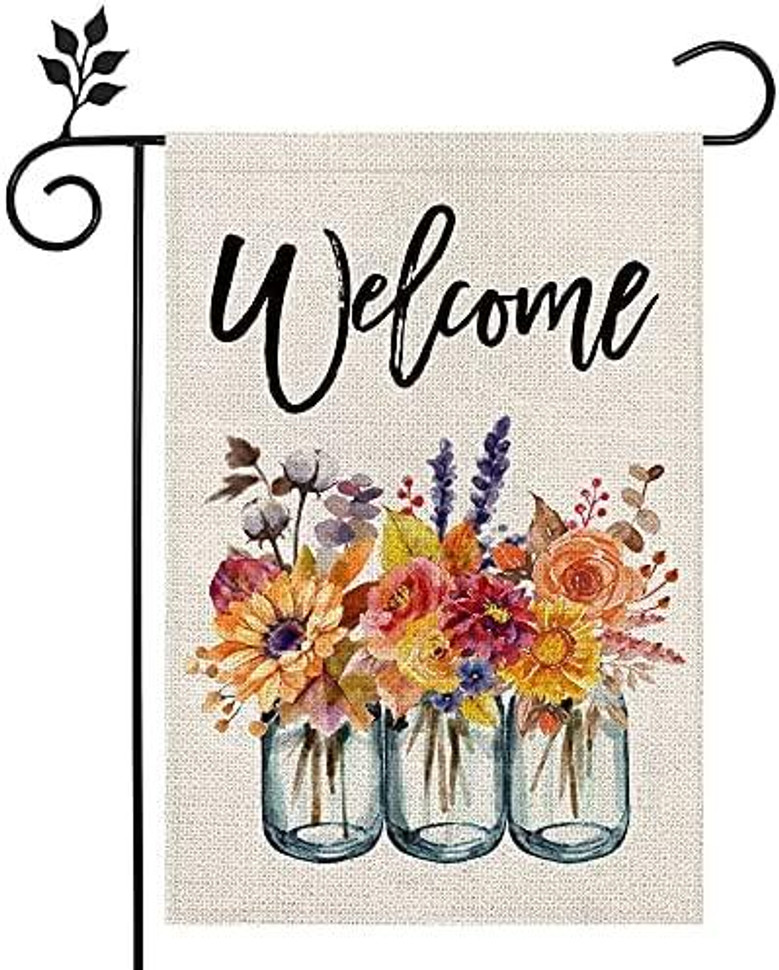 Fall Welcome Garden Flag Floral Mason Jar 12×18 Inch Double Sided Vertical Rustic Farmhouse Yard Seasonal Holiday Outdoor Decor