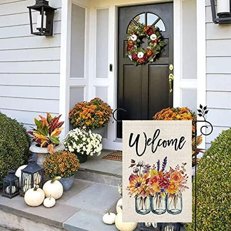 Fall Welcome Garden Flag Floral Mason Jar 12×18 Inch Double Sided Vertical Rustic Farmhouse Yard Seasonal Holiday Outdoor Decor