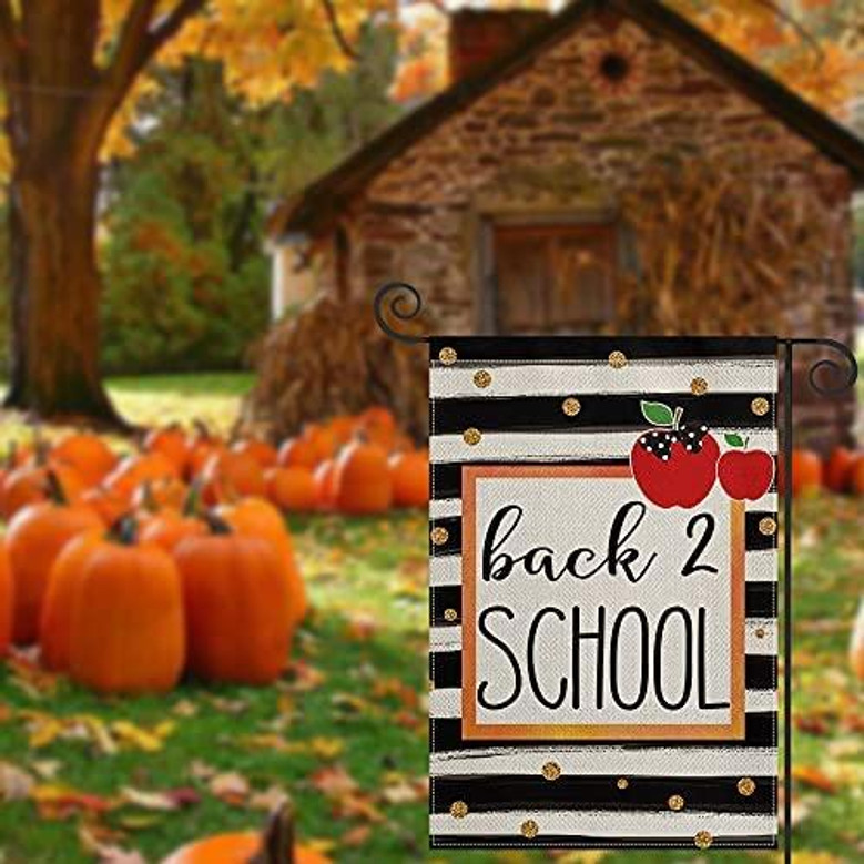 First Day Of School Stripe Polka Dot Teacher Garden Flag Double Sided, Back To School Appreciation Yard Outdoor Decoration