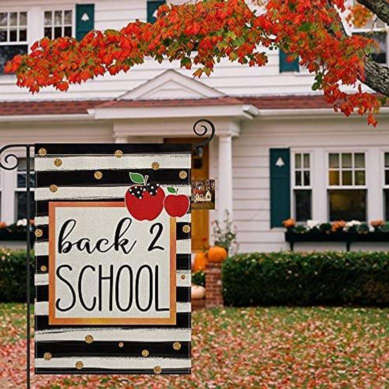 First Day Of School Stripe Polka Dot Teacher Garden Flag Double Sided, Back To School Appreciation Yard Outdoor Decoration