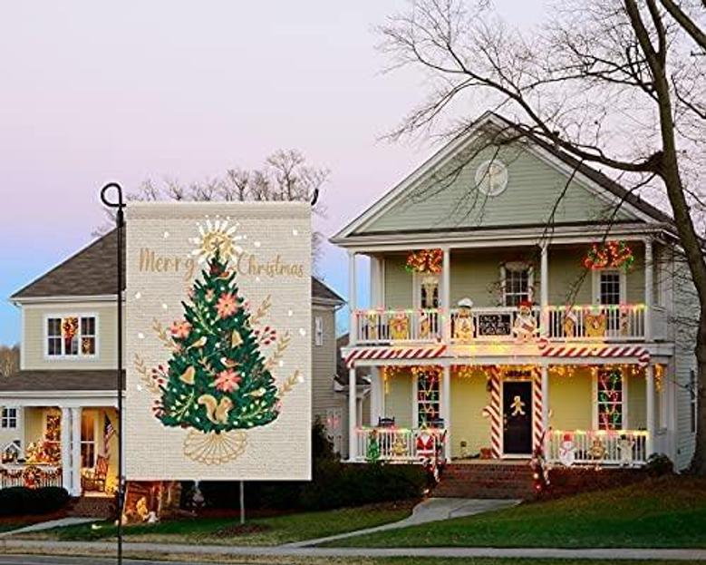 Funny Merry Christmas Tree Pattern Garden Flag, Farmhouse Yard For Winter Holiday House Lawn Outdoor, Vertical Double Sided Flag Decorations For Family Friends Christmas Gifts, 12 X 18 Inch