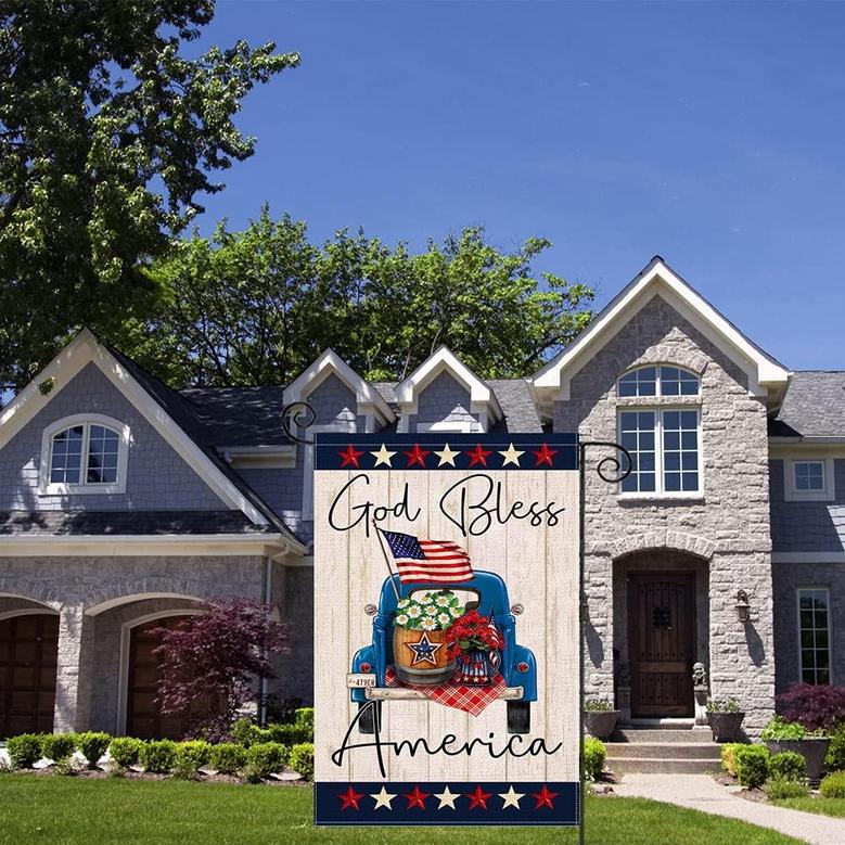 God Bless America Garden Flags For Outside, 12×18 Double Sided Blue Truck With Flower Patriotic Stars, Small Memorial Day Yard Flag, Welcome 4th Of July Independence Day Outdoor Farmhouse Decors