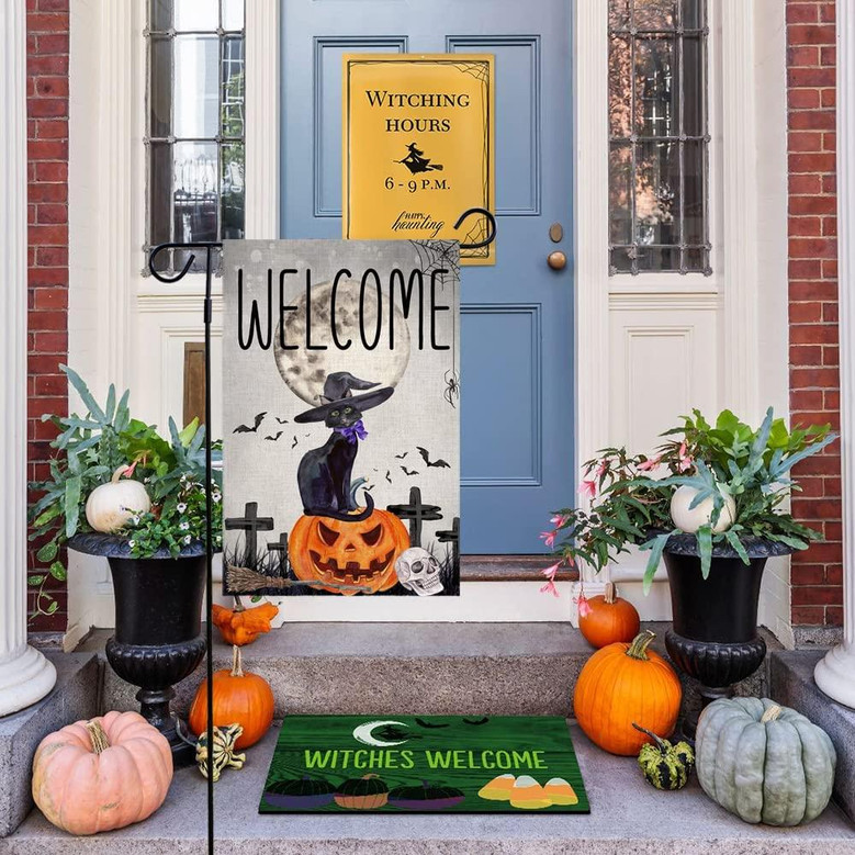 Halloween Black Cat Welcome Garden Flag 12 X 18 Inch, Halloween Jack O Lantern Pumpkin Ghost Flag Vertical Double Sided, Halloween Yard Flag For Fall Autumn Lawn Porch Outdoor Decoration