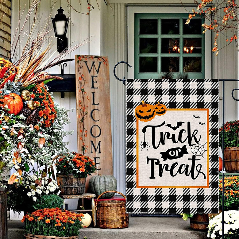Halloween Garden Flag Trick Or Treat Double Sided Holiday Seasonal Small Fall Yard Flags Buffalo Plaid Check Decorations Outdoor Banner Autumn Pumpkin Burlap Decorative Outside Sign