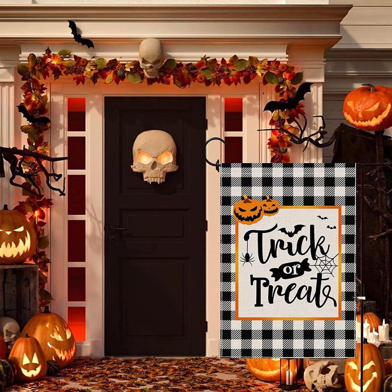 Halloween Garden Flag Trick Or Treat Double Sided Holiday Seasonal Small Fall Yard Flags Buffalo Plaid Check Decorations Outdoor Banner Autumn Pumpkin Burlap Decorative Outside Sign