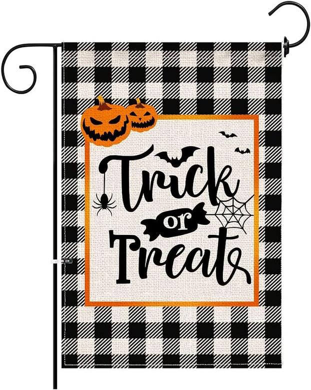 Halloween Garden Flag Trick Or Treat Double Sided Holiday Seasonal Small Fall Yard Flags Buffalo Plaid Check Decorations Outdoor Banner Autumn Pumpkin Burlap Decorative Outside Sign