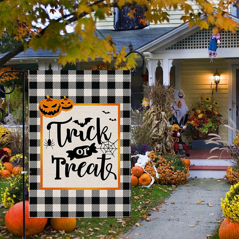 Halloween Garden Flag Trick Or Treat Double Sided Holiday Seasonal Small Fall Yard Flags Buffalo Plaid Check Decorations Outdoor Banner Autumn Pumpkin Burlap Decorative Outside Sign