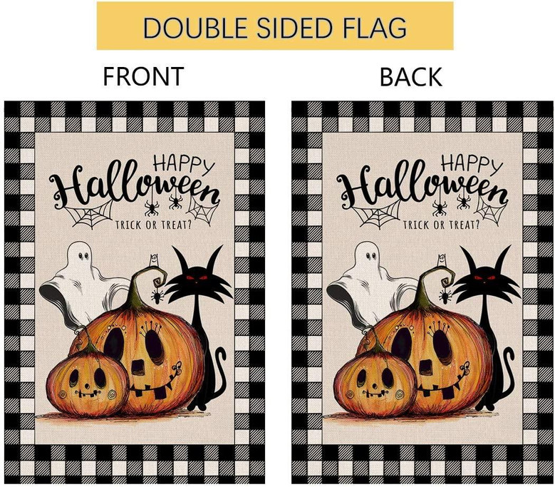 Halloween Pumpkin Cat Ghost Garden Flag Vertical Double Sided Black Buffalo Check Burlap Yard Outdoor Decor