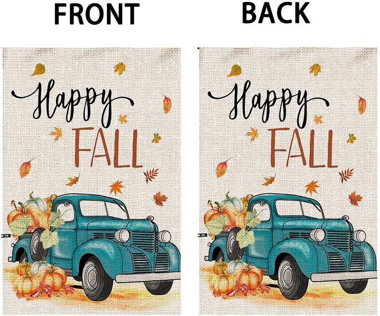 Happy Fall Garden Flag, Vertical Double Sided Burlap Seasonal Autumn Pumpkin Farm Truck Garden Flags, Fall Thanksgiving Harvest Rustic Yard Outdoor Decoration 12 X 18 Inch