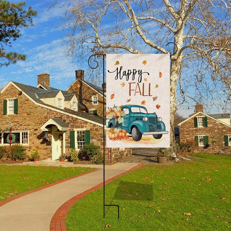 Happy Fall Garden Flag, Vertical Double Sided Burlap Seasonal Autumn Pumpkin Farm Truck Garden Flags, Fall Thanksgiving Harvest Rustic Yard Outdoor Decoration 12 X 18 Inch